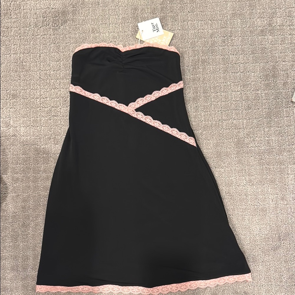 Black Strapless Dress with Pink Lace Trim